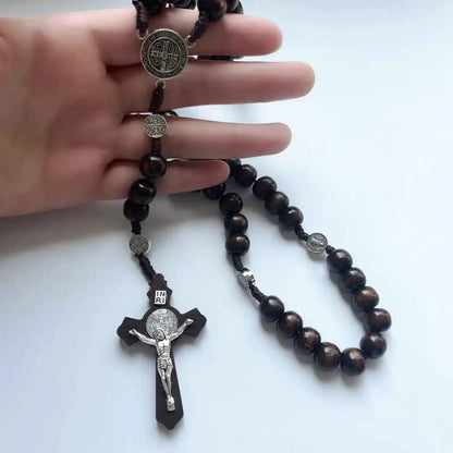 1 Piece/Set Of Wooden Rose Bead Necklace Wooden Saint Benedict Medal and Catholic Cross Religious Prayer Chapel Handmade - Pedlar's Attic