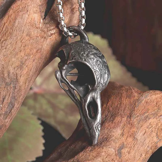 Gothic Vintage Norse Gods Odin Raven Skull Pendant Necklace