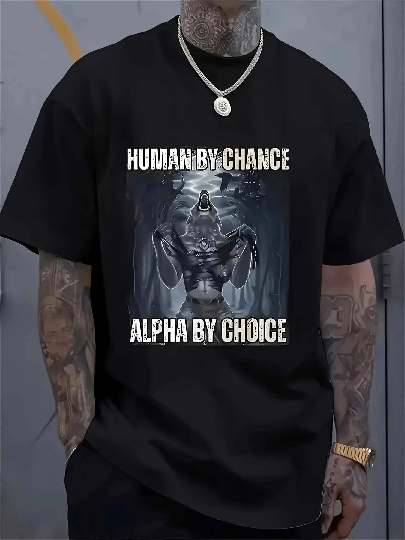 Men's Alpha Wolf and Greek Letter Print T-Shirt - Black Casual Short Sleeve Crew Neck Shirt, Werewolf Design, Greek Text Design, Suitable for Spring, Summer, and Autumn, Bold Statement Shirt, Greek Letter Fraternity Apparel