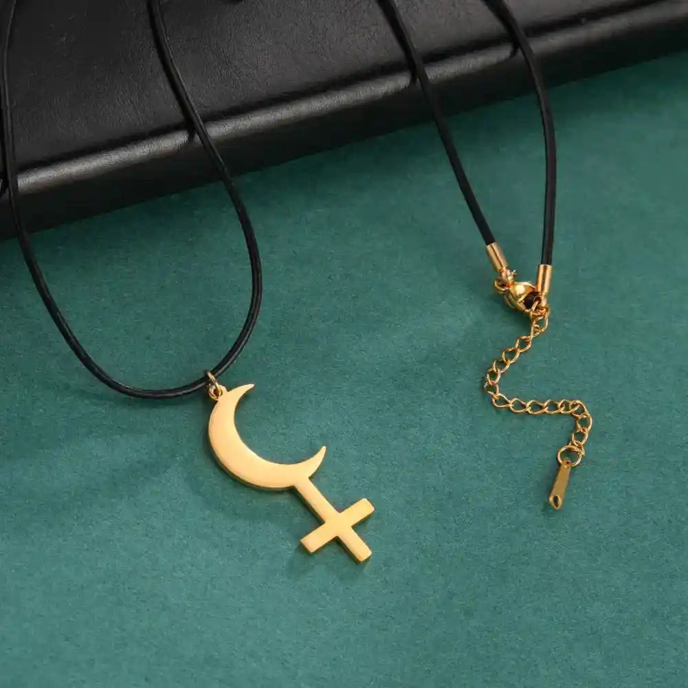 Vintage Black Moon Lilith Pendant Necklace Crescent Moon Cross Double Layer Necklace - Pedlar's Attic
