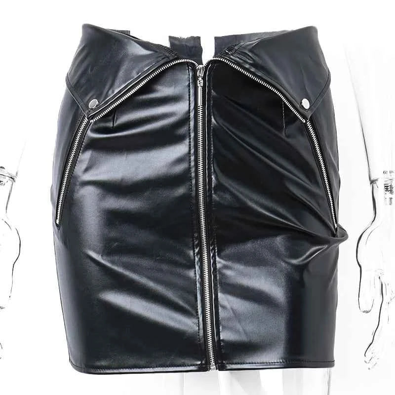 Candyhot Sexy Y2K PU Leather Zipper Casual Skirt Chic Multi Zip Fashion Slim Hip Skirts Summer Club Party High-waist Mini Dress - Pedlar's Attic