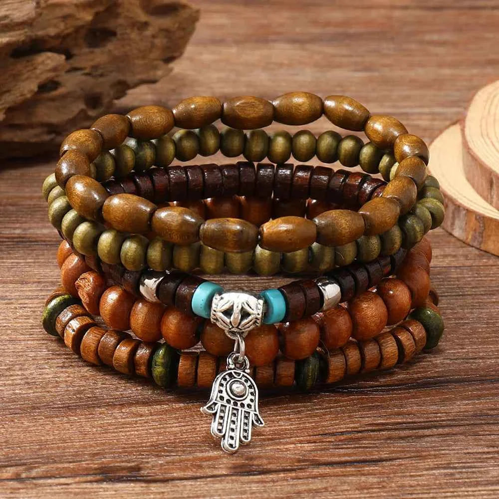 Ethnic 4-5pc/set wood bead tree Cactus Charms bracelets