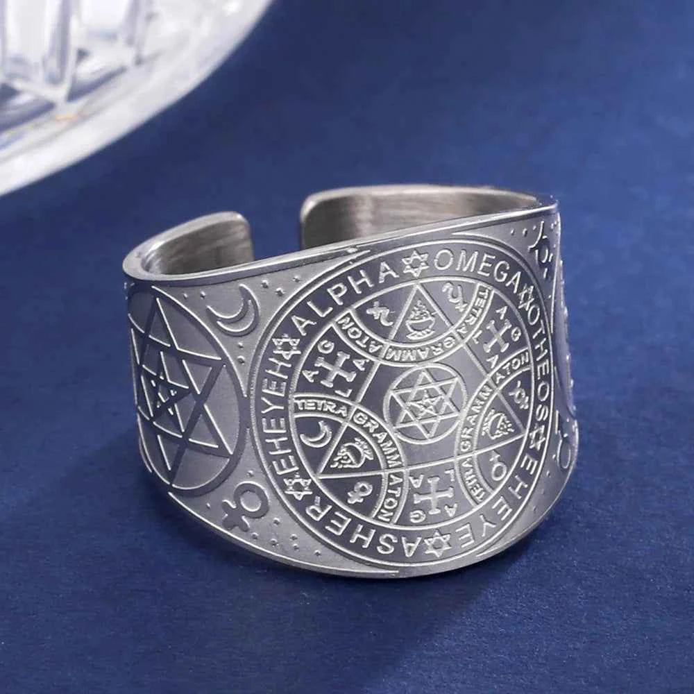 Dawapara Enochian Magic Angel Ring Solomon Kabbalah Protection Amulet Stainless Steel Hexagram Triangle Religious Jewelry