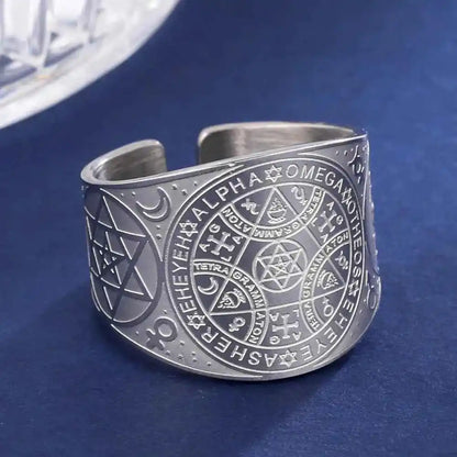 Dawapara Enochian Magic Angel Ring Solomon Kabbalah Protection Amulet Stainless Steel Hexagram Triangle Religious Jewelry - Pedlar's Attic
