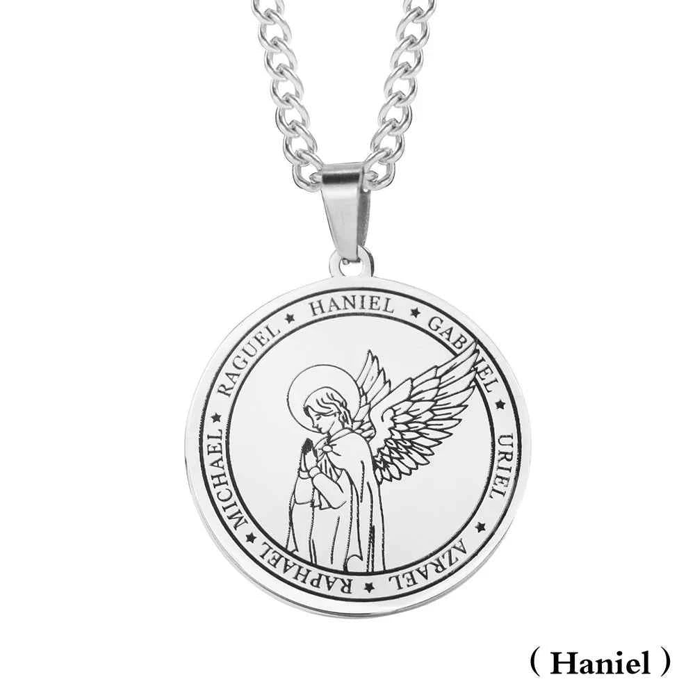 Religious Azrael Gabriel Raphael Uriel Michael Archangel Angel Wing Medal Stainless Steel Pendant Necklace Jewelry
