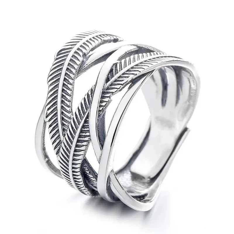 925 Sterling Silver Angel Wings Feather Ring for Women Punk Vintage Thai Silver Cross Rings Female Jewelry Gifts