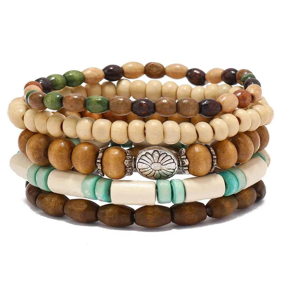 Ethnic 4-5pc/set wood bead tree Cactus Charms bracelets
