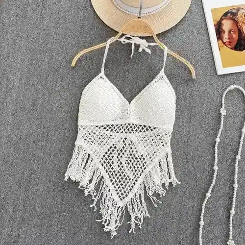 Chelle’s Fringe – Boho Tassel Knit Halter Top