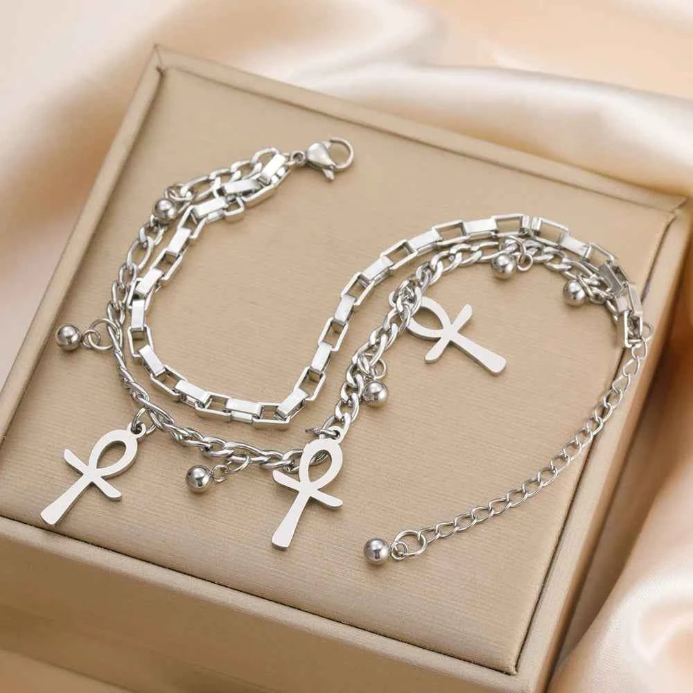 Dawapara Ankh Cross Bracelet Religious Ancient Egyptian Key To Life Prayer Amulet Supernatural Stainless Steel Jewelry