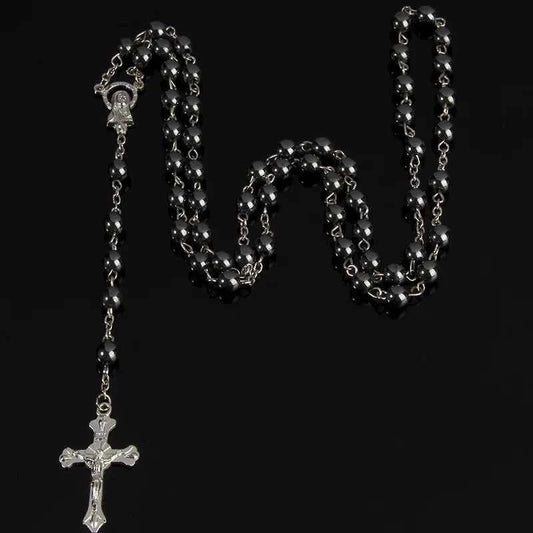 European and American Cross-Border Vintage Black Gallstone Cross Rosary Necklace, Fashionable and Unique High-End Necklace for Women, Long Style