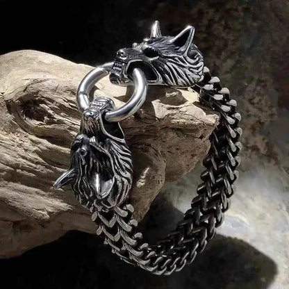 Stainless Steel Nordic Double Wolf Head Bracelet - Pedlar's Attic