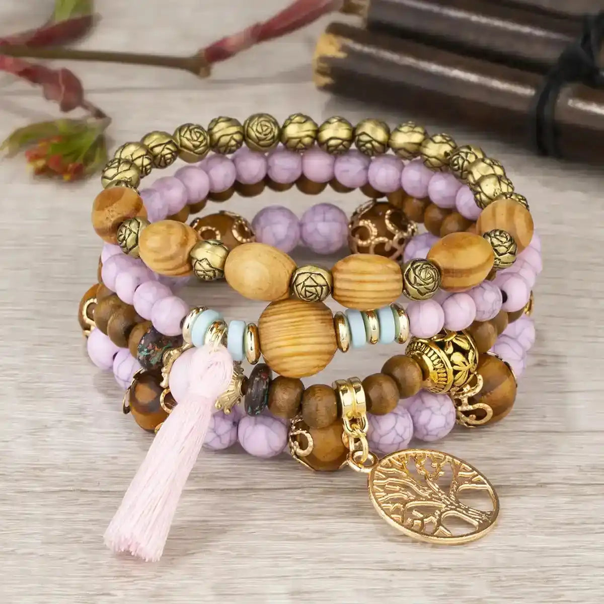 Boho Tree of Life Wooden Beaded Bracelet Set — 4 Piece