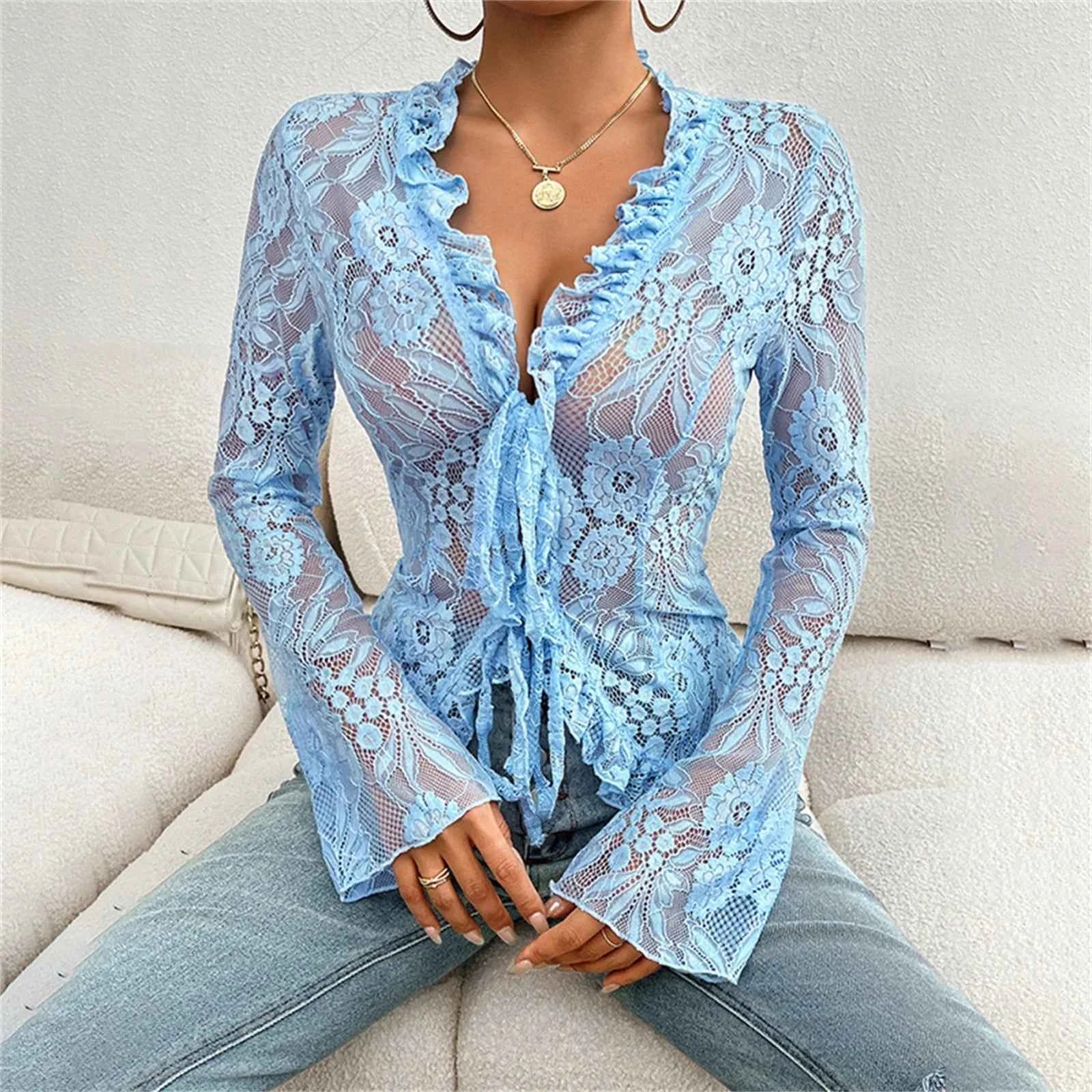 Sexy Women Mesh Lace T-Shirts Long Sleeve Tops Transparent Casual Sheer Basic Tie Front Shirt Blouses for Club Aesthetic Clothes - Pedlar's Attic