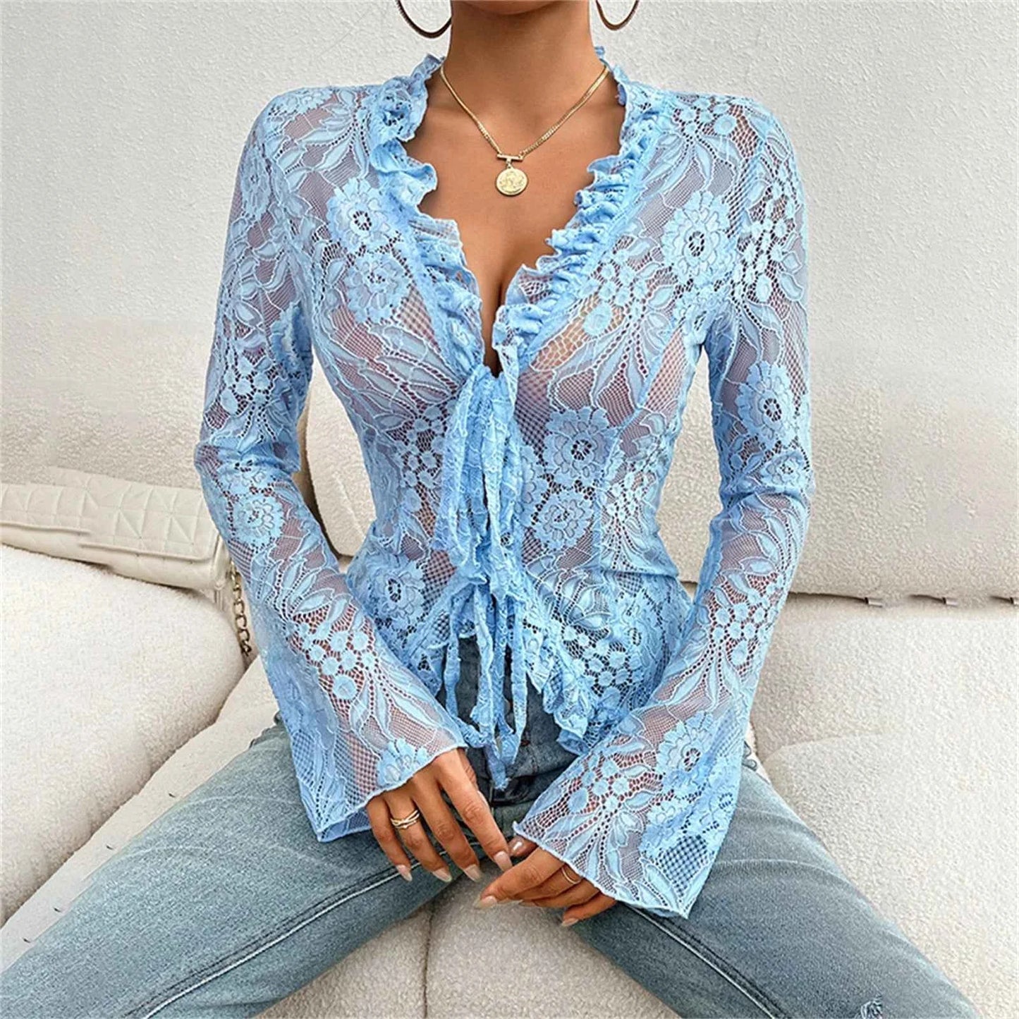 Sexy Women Mesh Lace T-Shirts Long Sleeve Tops Transparent Casual Sheer Basic Tie Front Shirt Blouses for Club Aesthetic Clothes - Pedlar's Attic