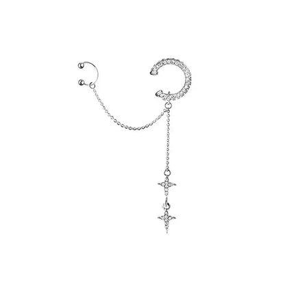 Shiny Silver Crystal Tassel Cuff Earring - Non-Piercing Rhinestone Star Clip-On Jewelry for Women - Pedlar's Attic