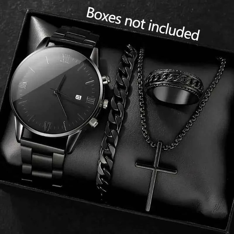 4-piece/set men's black minimalist quartz watch set