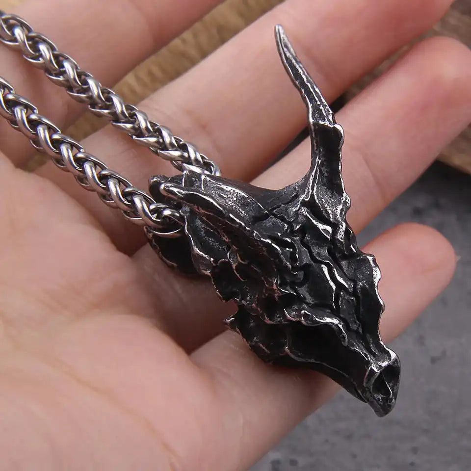 Bone & Fire — Viking Dragon Skull Pendant Necklace