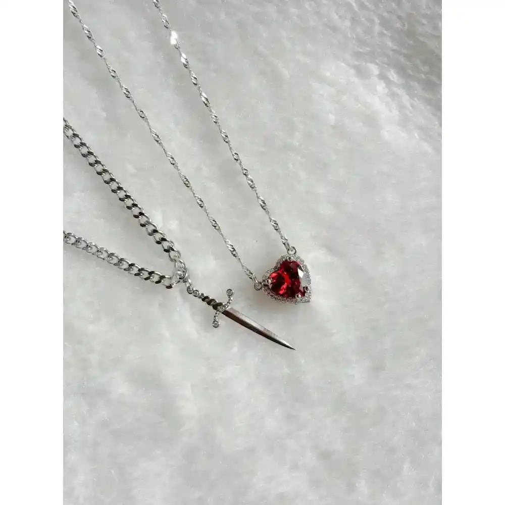 Red Crystal Heart Dagger Pendant Layered Necklace - Pedlar's Attic