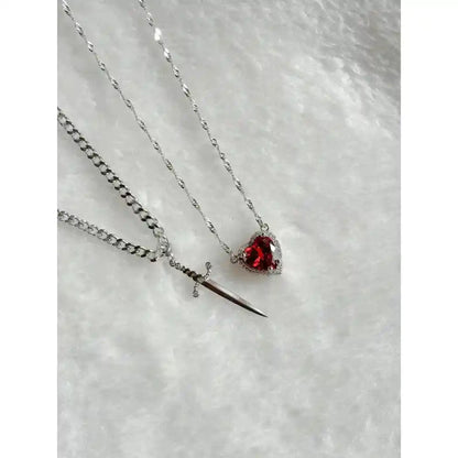 Red Crystal Heart Dagger Pendant Layered Necklace - Pedlar's Attic