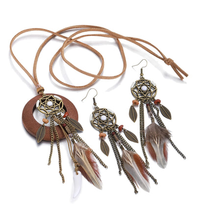 The Woman Who Faces East — Soraveen Dream Catcher Feather & Stone Necklace and Earring Set