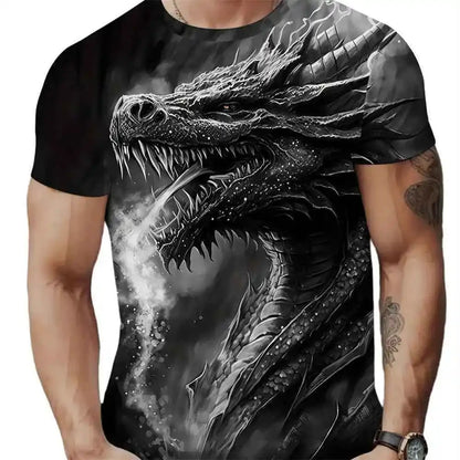 3D Style 3 Roaring Dragon Pattern Round Neck Short Sleeve T Shirt - Pedlar's Attic