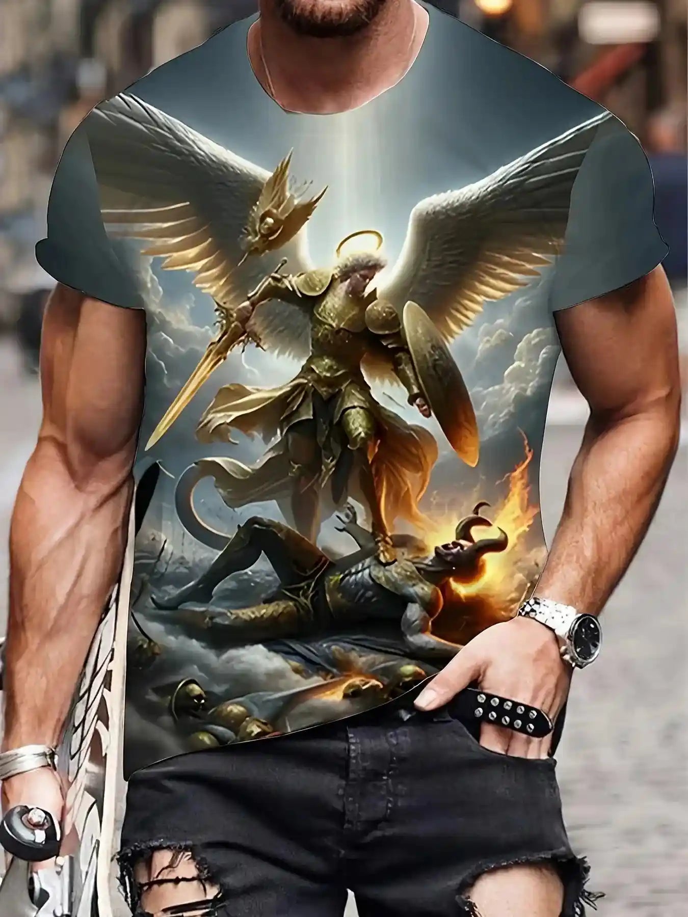 Angel Warrior Golden Sword Design 3D Printed Tshirt - Pedlar's Attic