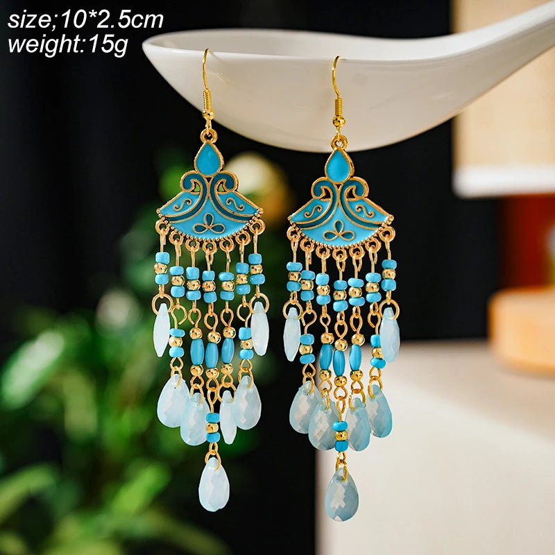 Blue Fashion Boho Temperament Water Drop Feather Earrings for Women Long Crystal Rhinestone Drop Oil Dangle Earring Jewelry