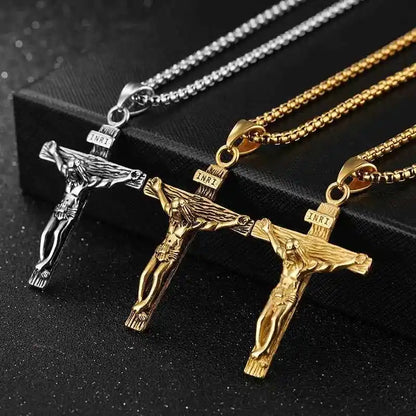 Religious Jesus Cross Stainless Steel Necklace For Men Fashion Gold Silver Color Cross Pendent With Chain Necklace Jewelry Gift - Pedlar's Attic