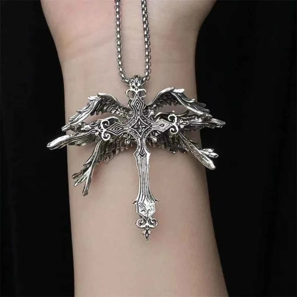 Retro Gothic Jesus Wings Cross Pendant Necklace