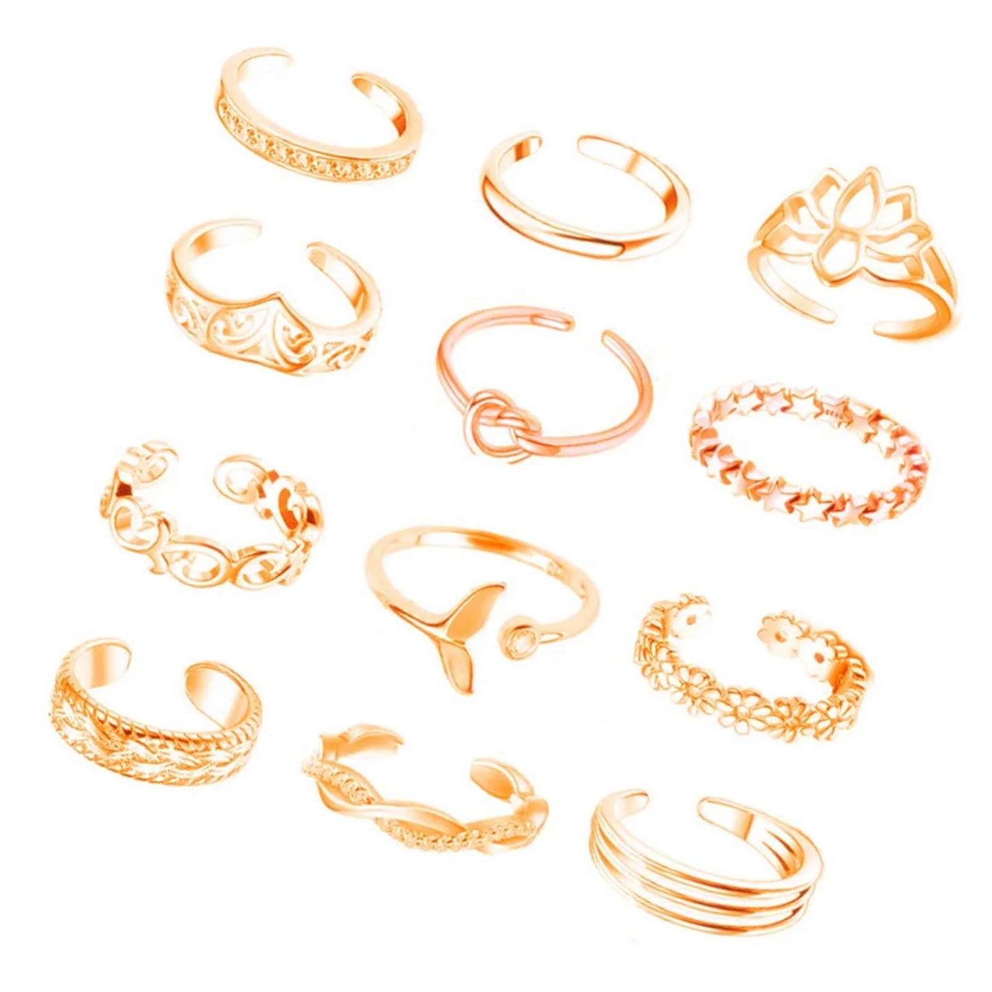 12Pcs Foot Ring Open Toe Rings Rose Gold/Silver/Gold Color Alloy Adjustable Rings Set for Women Summer Beach Foot Jewelry