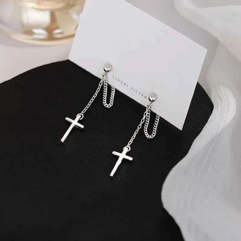 Punk Silver Gothic Cross Drop Earrings - Long Tassel Design for Bold Style | Unisex Jewelry Gift - Pedlar's Attic