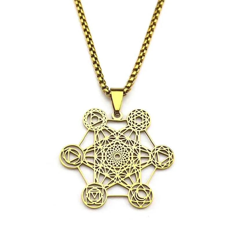Yoga Hindu Buddhism 7 Chakra Stainless Steel Pendant Necklace Sacred Geometry Hollow Angel Seal Metatron Symbol Chain Jewelry