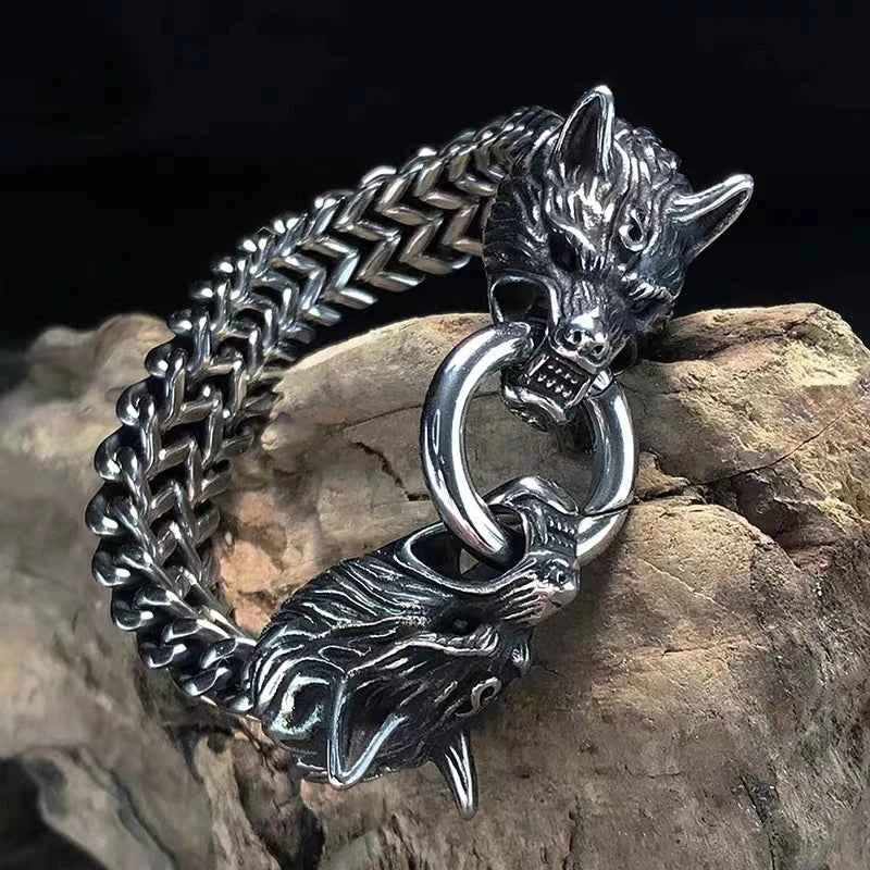 Stainless Steel Nordic Double Wolf Head Bracelet