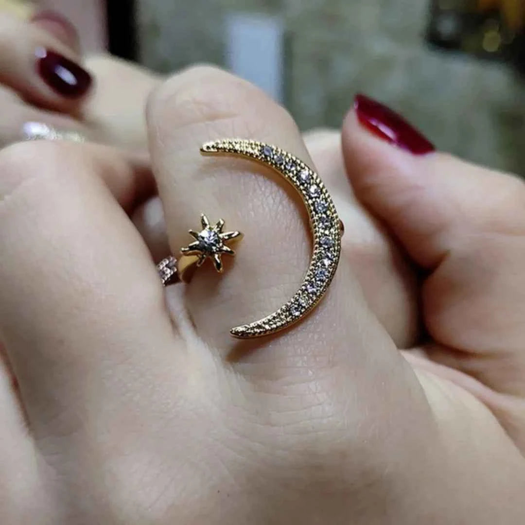 2025 New Silver color Star and Moon Open Ring (One Piece) Irregular Rhinestone Design - Fashionable Starry Sky Style Accessories