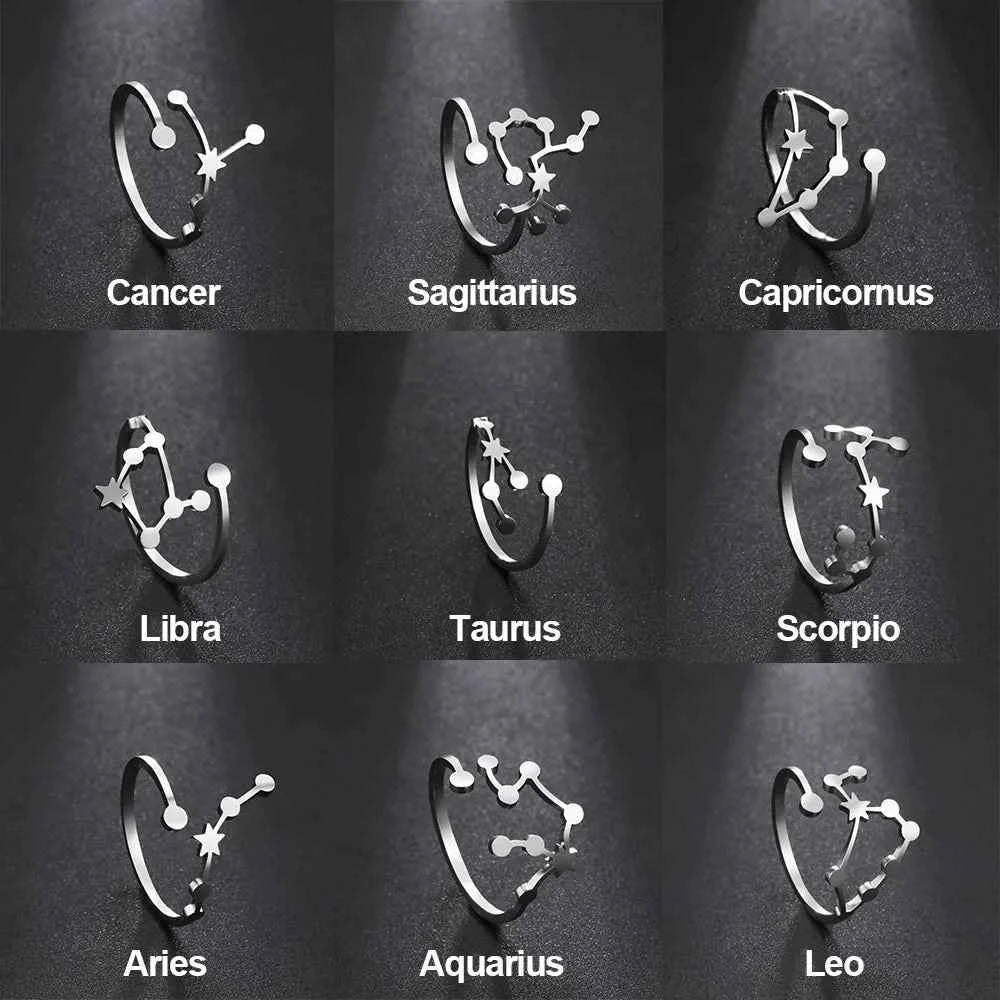 COOLTIME 12 Constellation Women's Ring Stainless Steel Zodiac Adjustable Rings Leo Virgo Libra Pisces Jewelry Birthday Gift