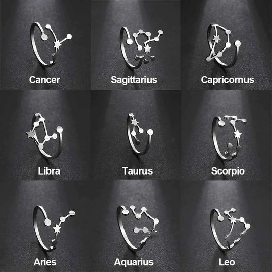 COOLTIME 12 Constellation Women's Ring Stainless Steel Zodiac Adjustable Rings Leo Virgo Libra Pisces Jewelry Birthday Gift - Pedlar's Attic