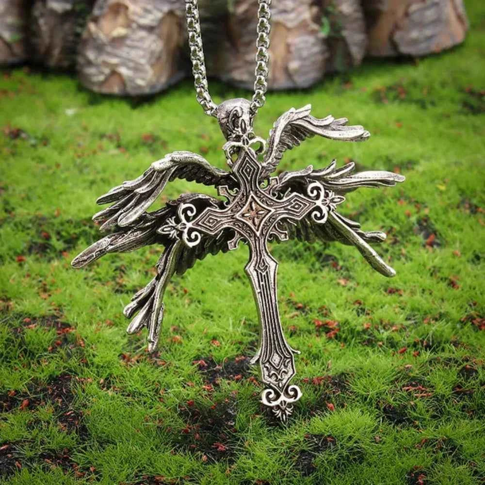 Retro Gothic Jesus Wings Cross Pendant Necklace