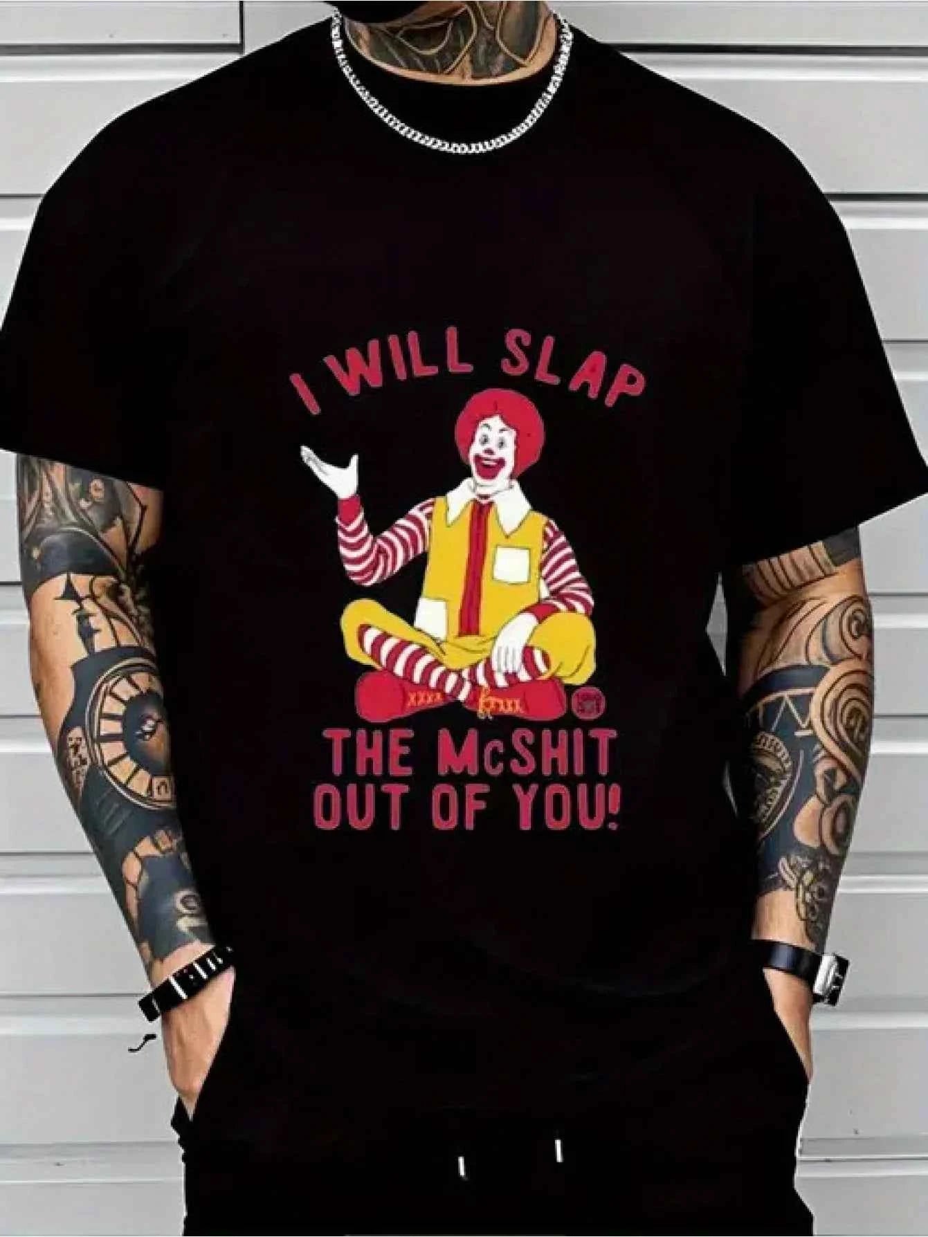 Men's Plus Size Funny I Will Slap the Mcshit Out of You 3D Printed T-Shirt - Black with Red & Yellow Bold Slogan & Cartoon Graphic