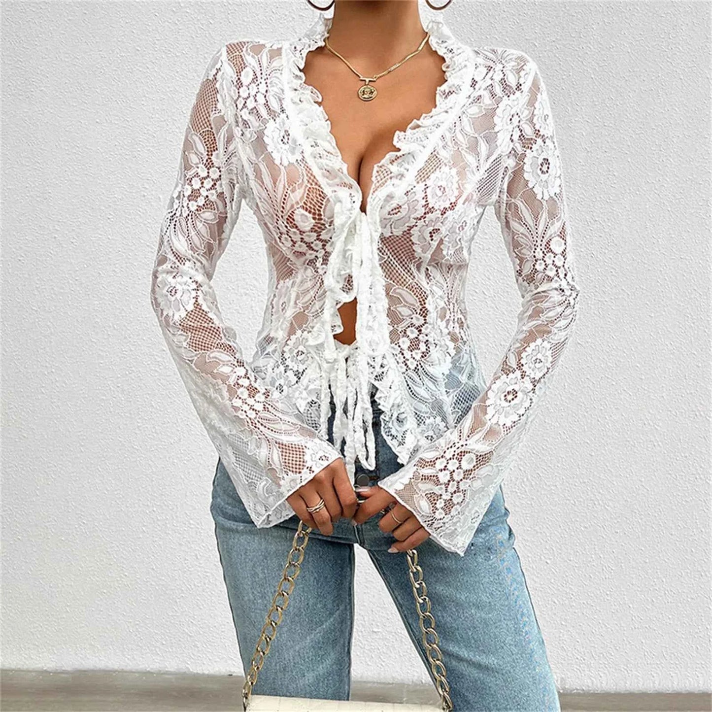 Sexy Women Mesh Lace T-Shirts Long Sleeve Tops Transparent Casual Sheer Basic Tie Front Shirt Blouses for Club Aesthetic Clothes - Pedlar's Attic