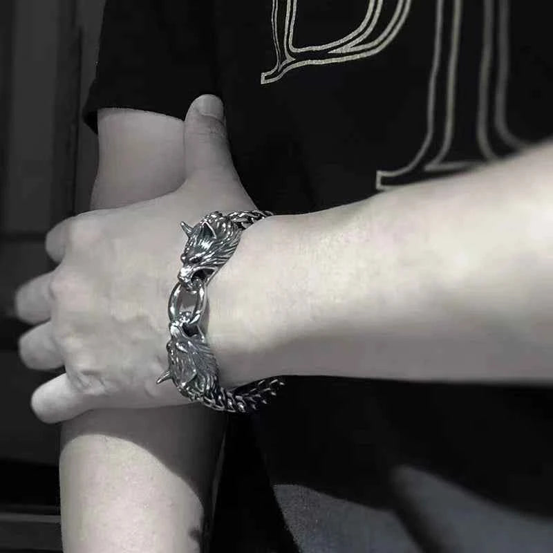 Stainless Steel Nordic Double Wolf Head Bracelet