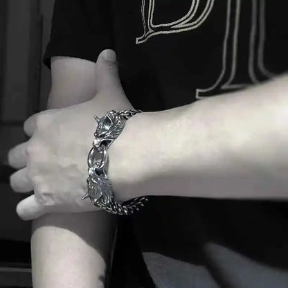 Stainless Steel Nordic Double Wolf Head Bracelet - Pedlar's Attic