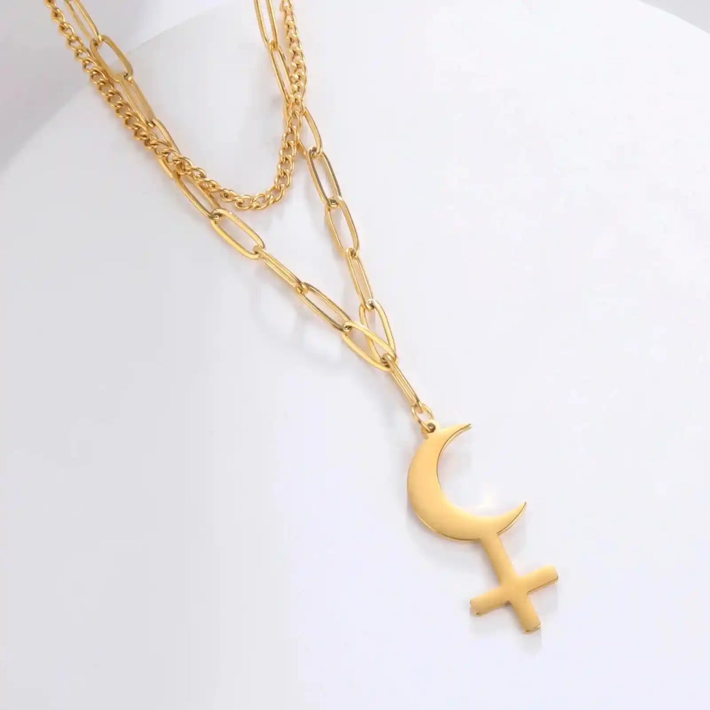 Vintage Black Moon Lilith Pendant Necklace Crescent Moon Cross Double Layer Necklace - Pedlar's Attic
