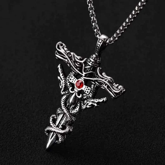 LLL Punk Fashion Titanium Steel Necklace for Men Alloy Double Dragon Sword Pendant Choker Ring Vintage Evil Eye Cross Jewelry Gi