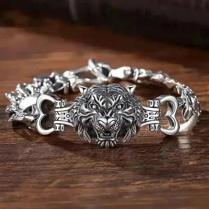Stainless Steel Nordic Double Wolf Head Bracelet - Pedlar's Attic