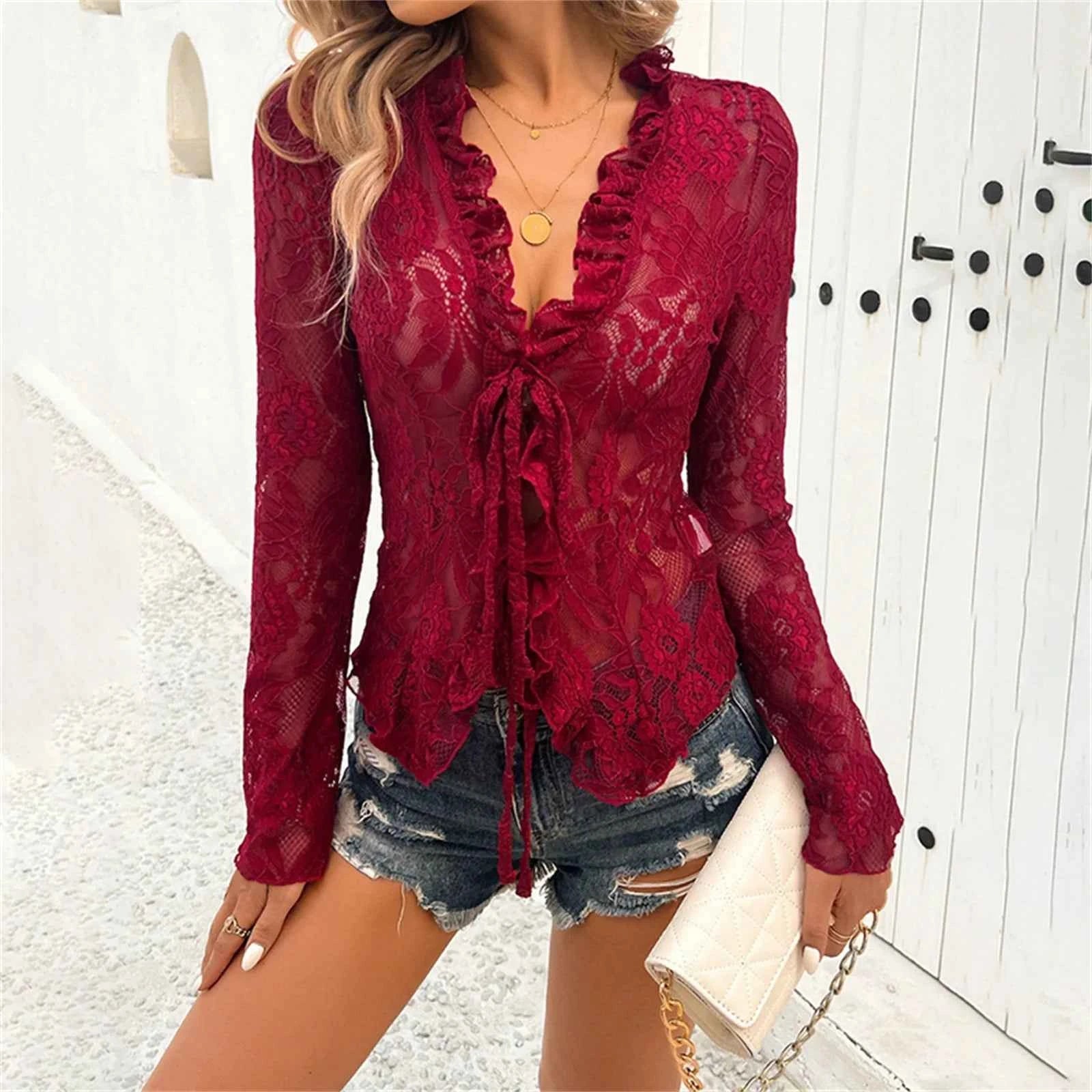 Sexy Women Mesh Lace T-Shirts Long Sleeve Tops Transparent Casual Sheer Basic Tie Front Shirt Blouses for Club Aesthetic Clothes - Pedlar's Attic