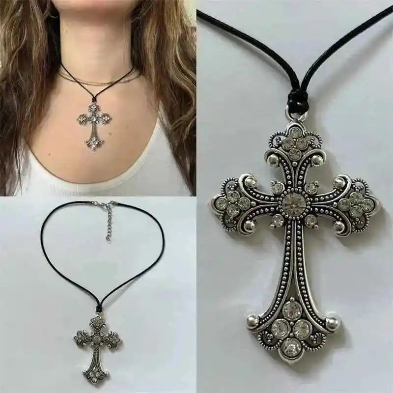 Rhinestone Cross Choker Spiral Hippie Necklace - Pedlar's Attic