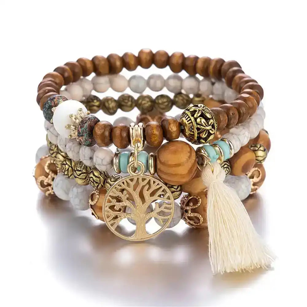 Boho Tree of Life Wooden Beaded Bracelet Set — 4 Piece