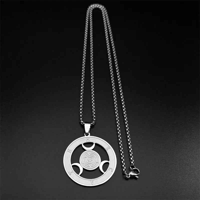 Triple Moon Goddness Hekate Wheel Stainless Steel Pendant Necklace