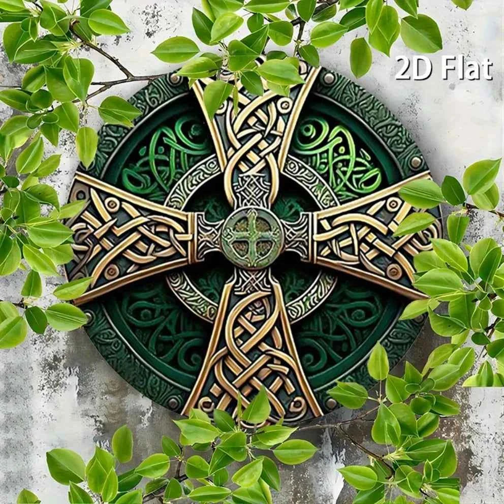Celtic Cross Sign -  Green Rustic Metal Wall Art with Intricate Knot Design