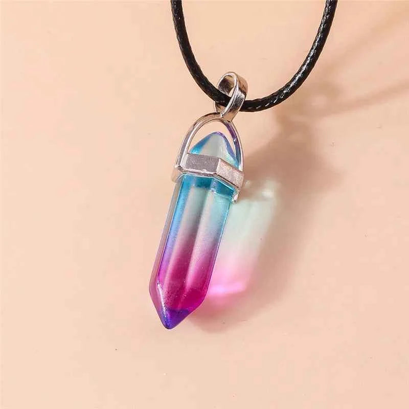 Natural Stone Quartz Lapis Opal Amethyst Pink Crystal Stone Hexagonal Column Pendant Necklaces